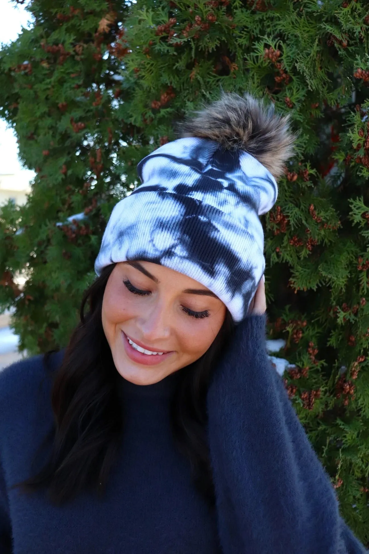 White & Black Tie Dye Knit Pom Hat