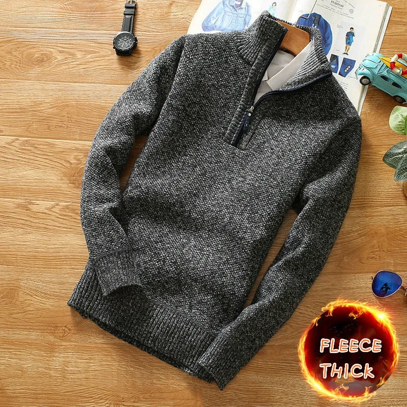 Winter Thicker Fleece Men's Sweater with Half-Zipper