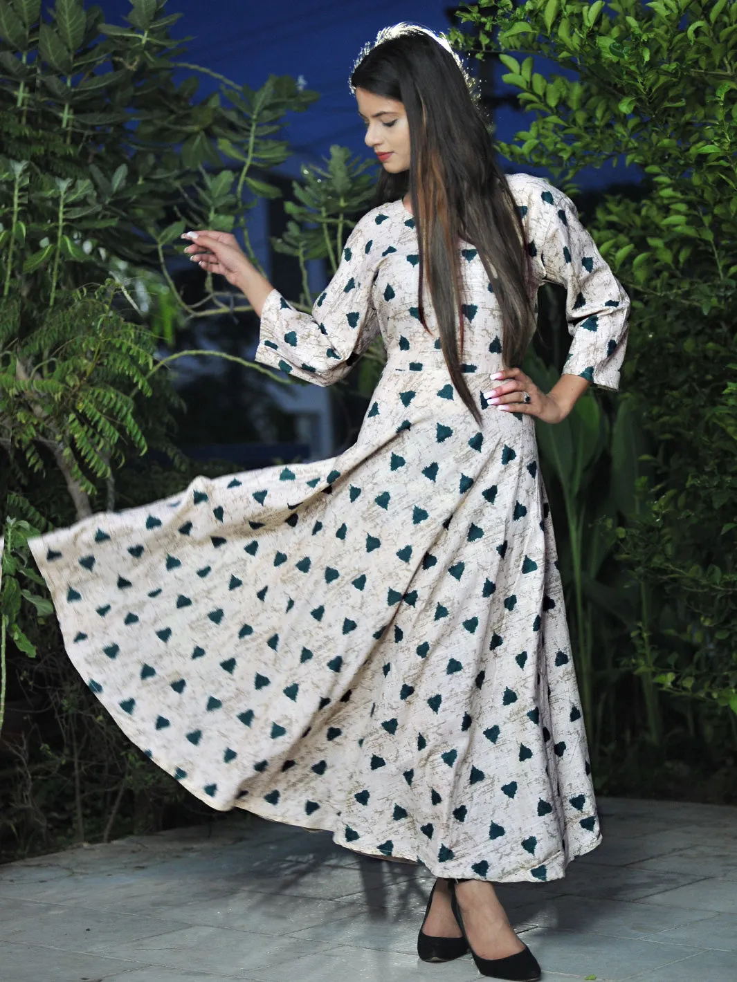 Women Cotton Green Heart Long Maxi