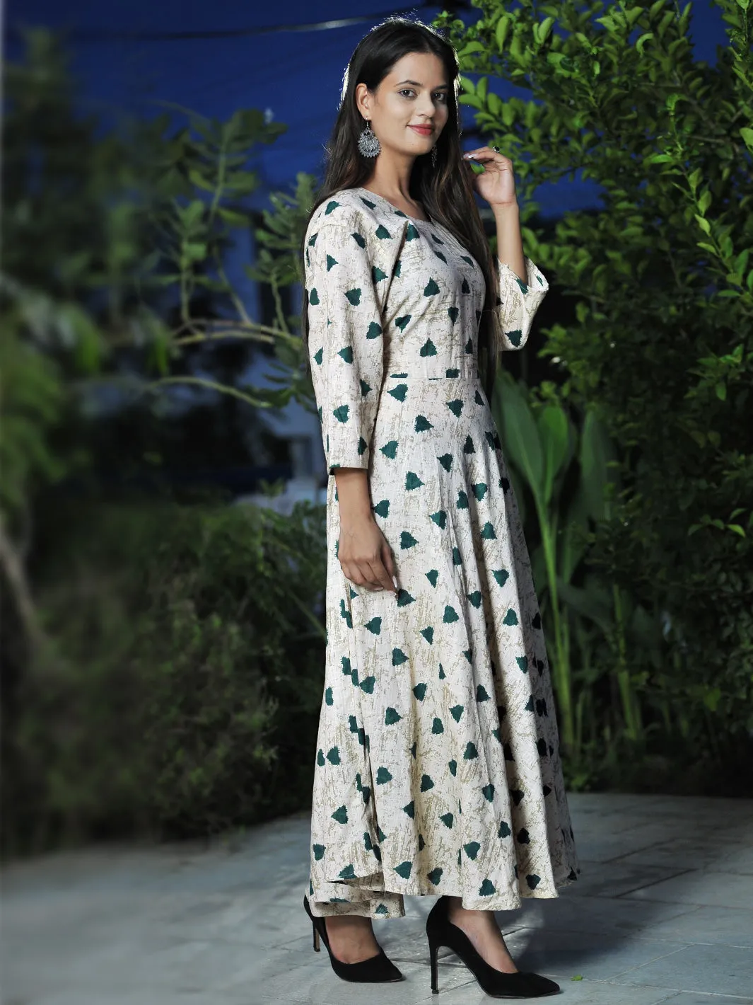 Women Cotton Green Heart Long Maxi