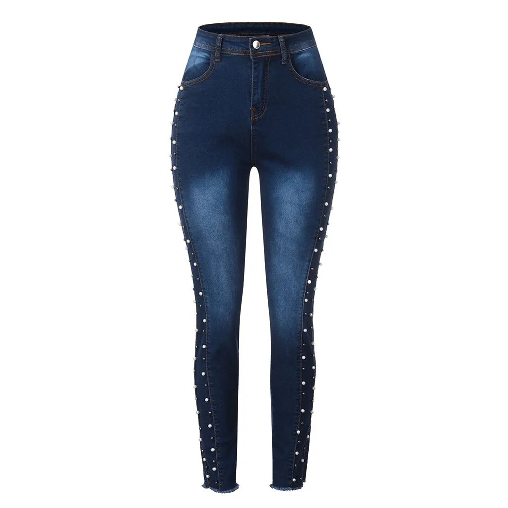 Women Elasticity Skinny Lift Hips Pencil Pants Stud Bead Pants