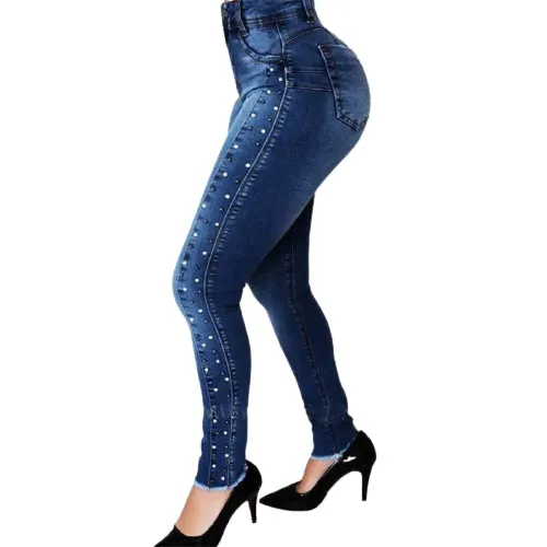 Women Elasticity Skinny Lift Hips Pencil Pants Stud Bead Pants