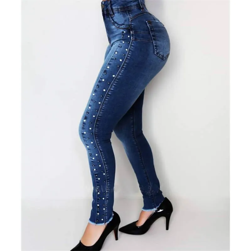 Women Elasticity Skinny Lift Hips Pencil Pants Stud Bead Pants