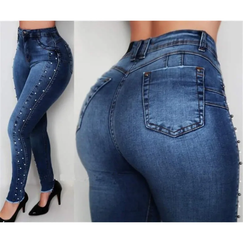 Women Elasticity Skinny Lift Hips Pencil Pants Stud Bead Pants