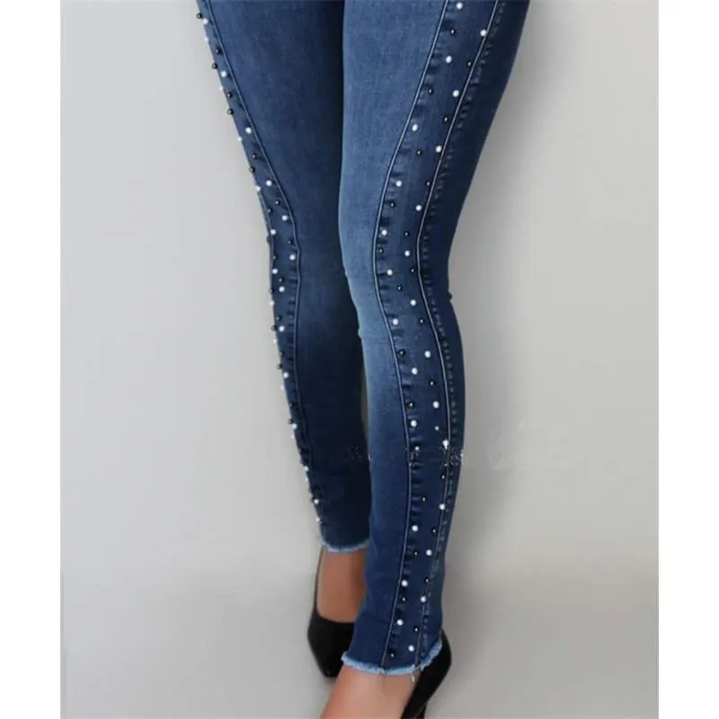 Women Elasticity Skinny Lift Hips Pencil Pants Stud Bead Pants