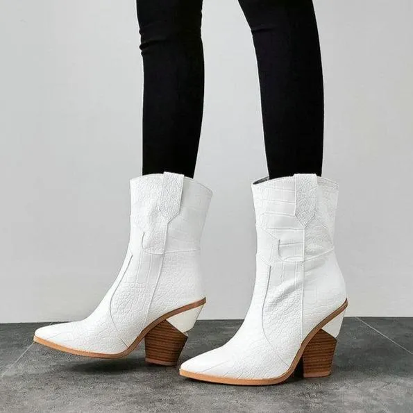 Women fashion pointed toe short chunky high heel boots