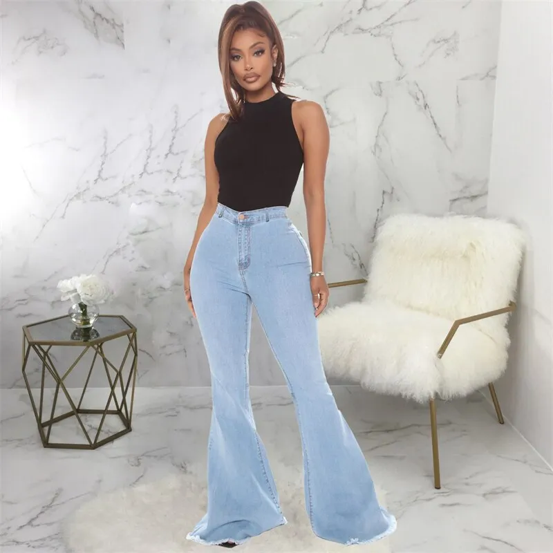 Women Flared Jeans For Women High Waist Stretch Slim Streetwear Denim Trouser Flared Pants Lady Blue Casual Denim Boot Cut Pants