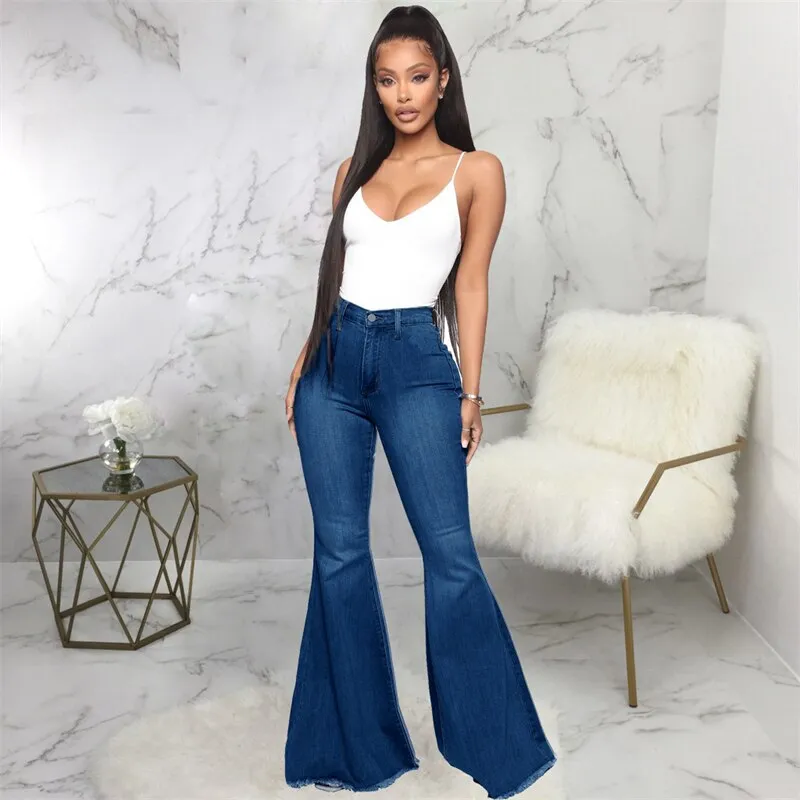 Women Flared Jeans For Women High Waist Stretch Slim Streetwear Denim Trouser Flared Pants Lady Blue Casual Denim Boot Cut Pants