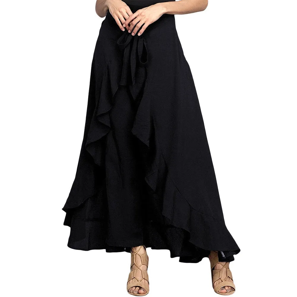 Women Palazzo Pants 2021 Causal Ruffle Drawstring Trouser Elegant High Waist Irregular Loose Pure Color Autumn Female Pant Skirt