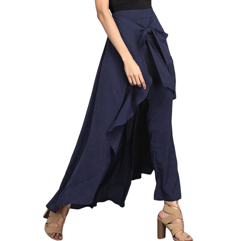 Women Palazzo Pants 2021 Causal Ruffle Drawstring Trouser Elegant High Waist Irregular Loose Pure Color Autumn Female Pant Skirt