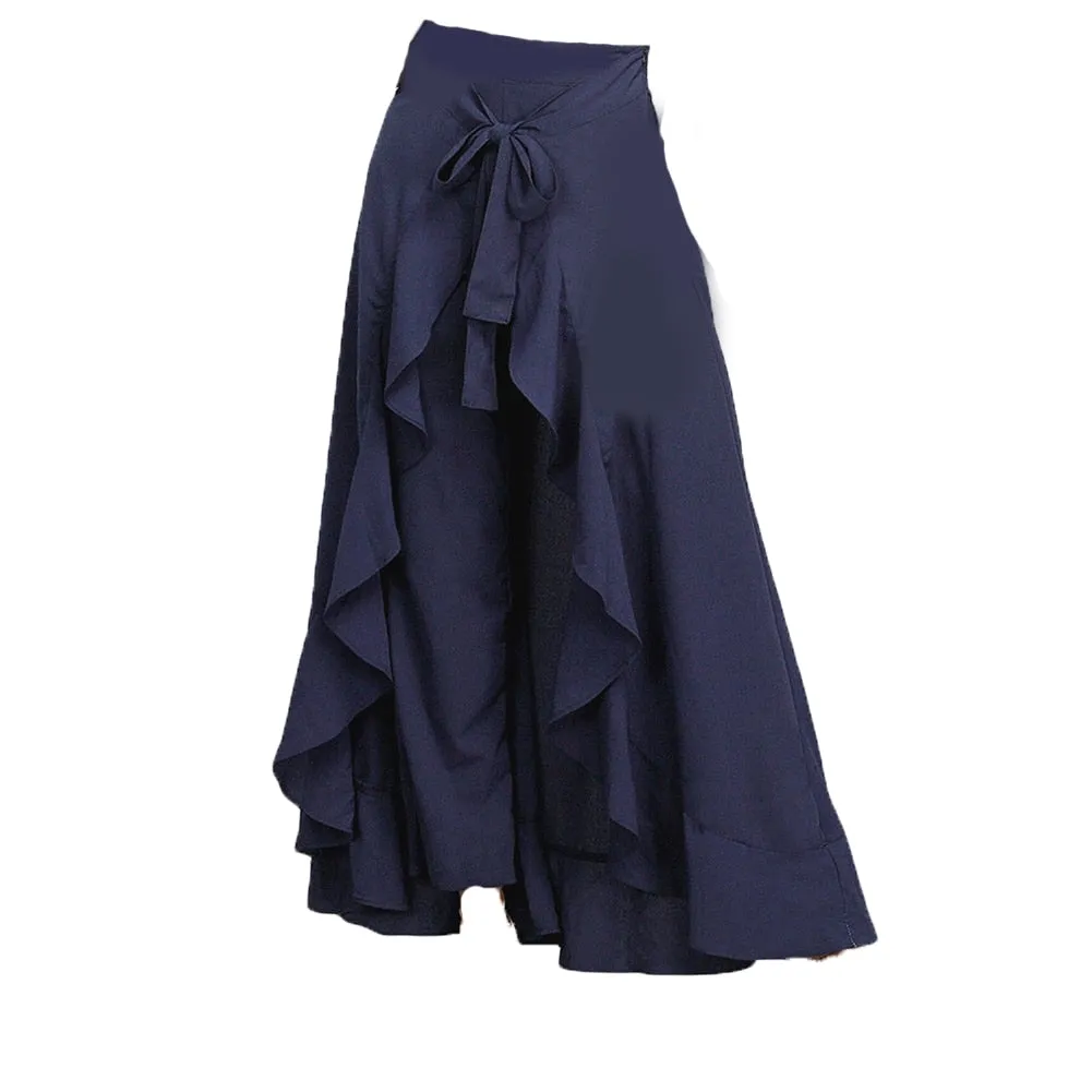 Women Palazzo Pants 2021 Causal Ruffle Drawstring Trouser Elegant High Waist Irregular Loose Pure Color Autumn Female Pant Skirt