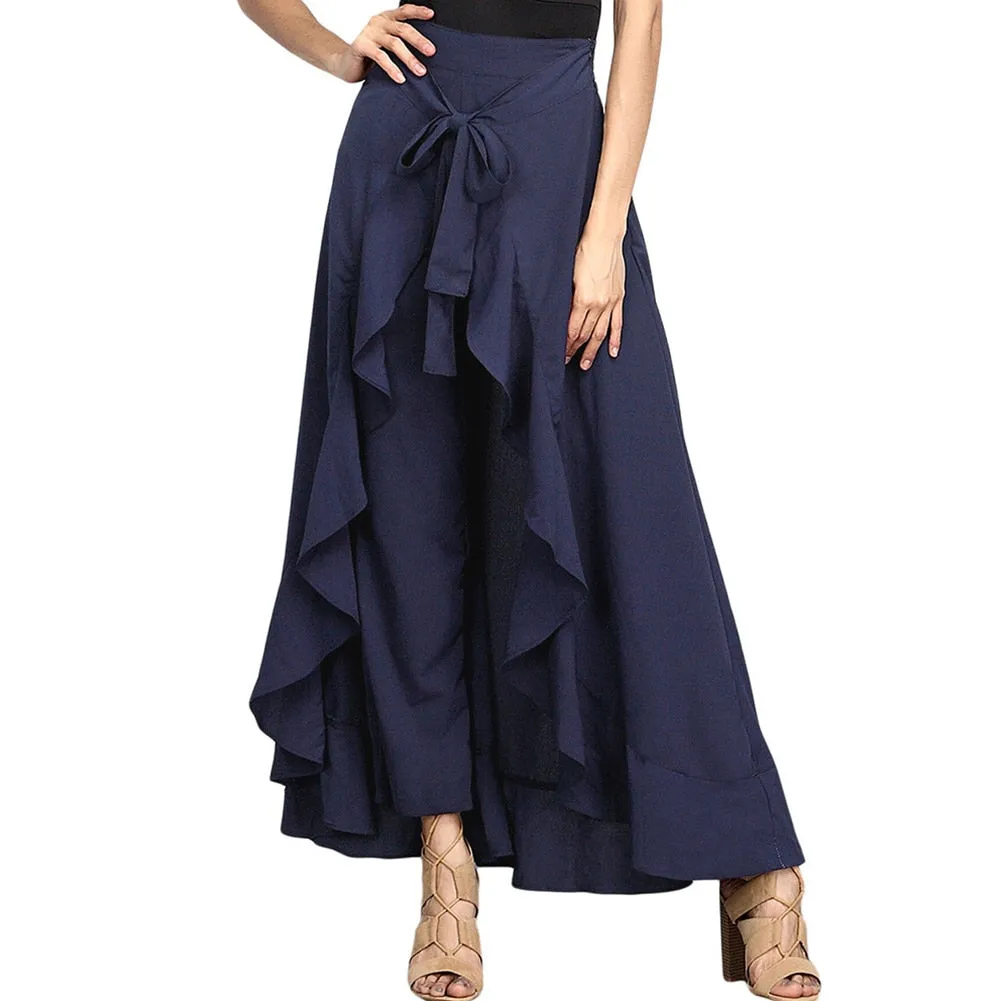 Women Palazzo Pants 2021 Causal Ruffle Drawstring Trouser Elegant High Waist Irregular Loose Pure Color Autumn Female Pant Skirt