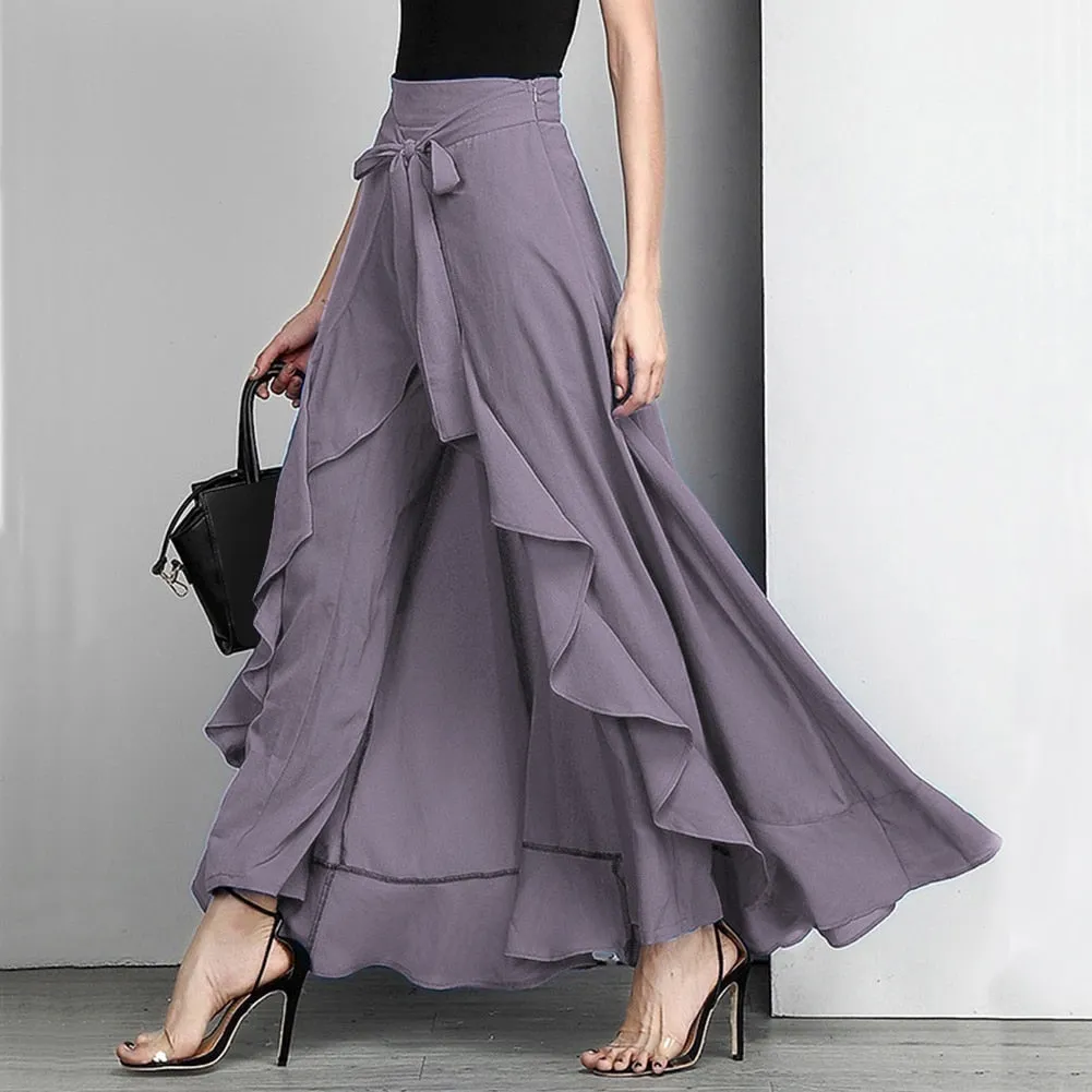 Women Palazzo Pants 2021 Causal Ruffle Drawstring Trouser Elegant High Waist Irregular Loose Pure Color Autumn Female Pant Skirt