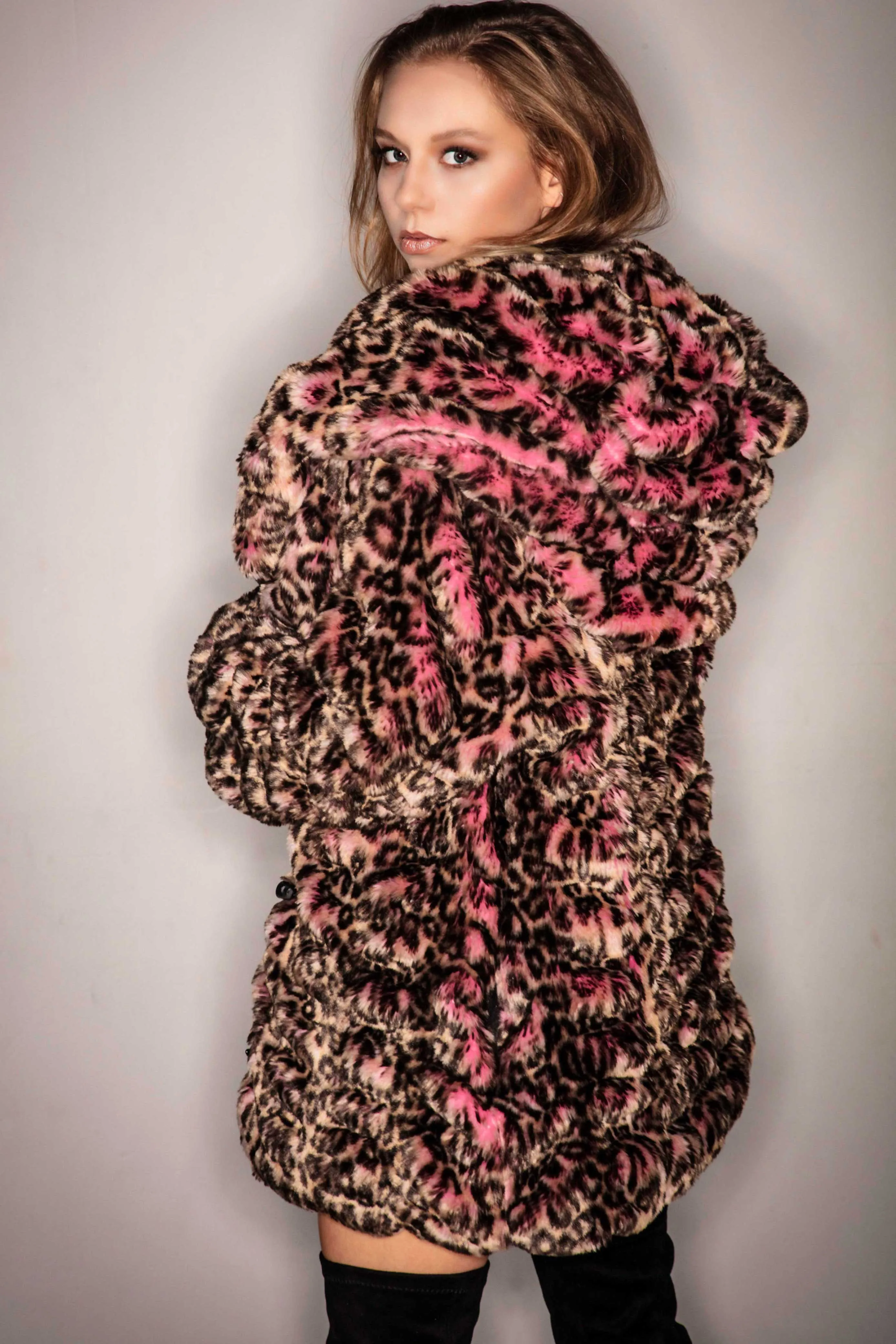 Women's Short Desert Warrior Coat in "Pink Cheetah" Chinchilla