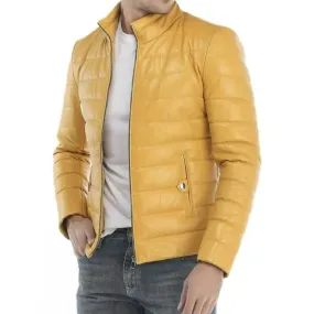 Yellow Puffer Leather Biker Jacket