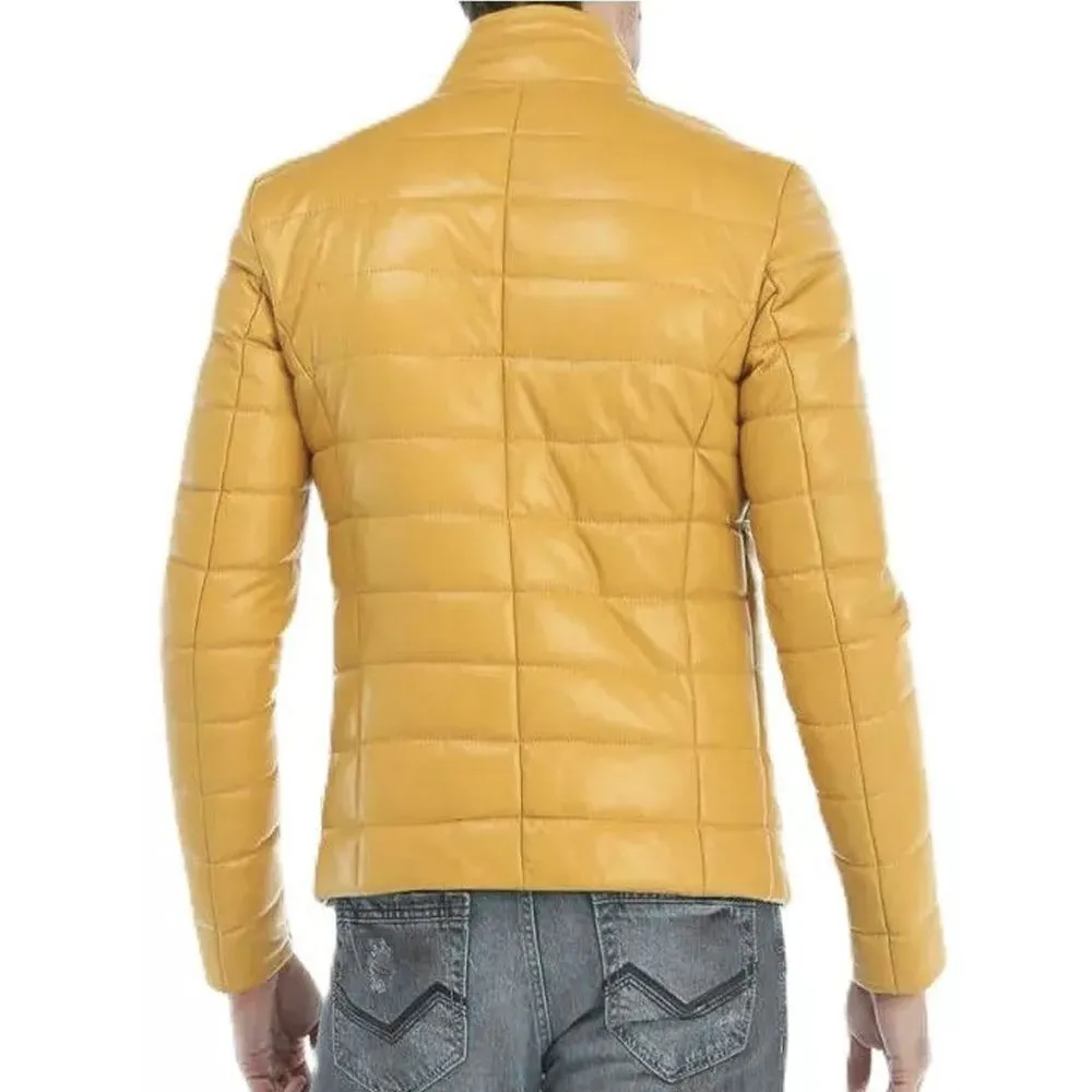 Yellow Puffer Leather Biker Jacket