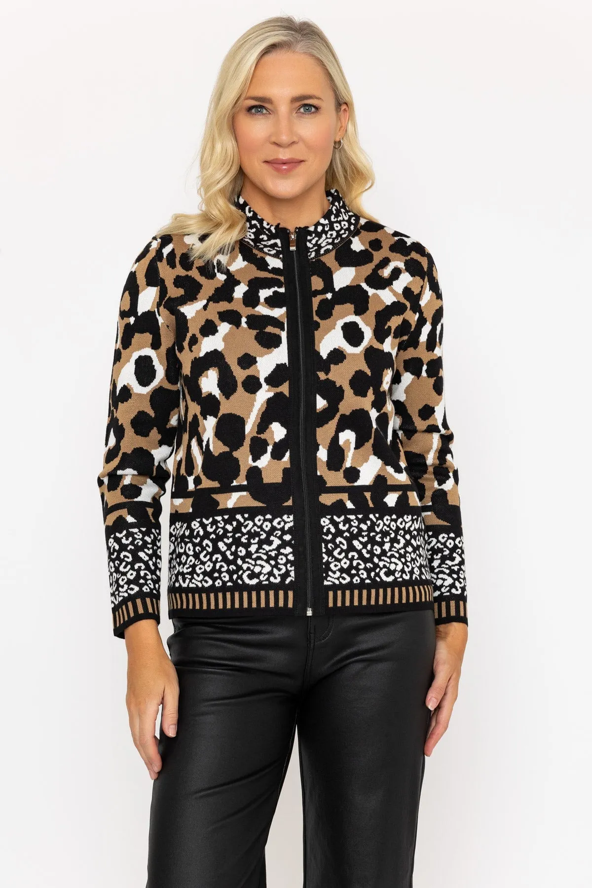 Zip Up Camel Animal Print Cardigan